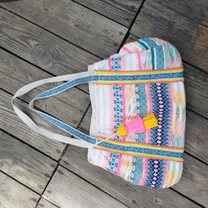 Summer Multicolored Large Woven Tassle Beach Tote Bag